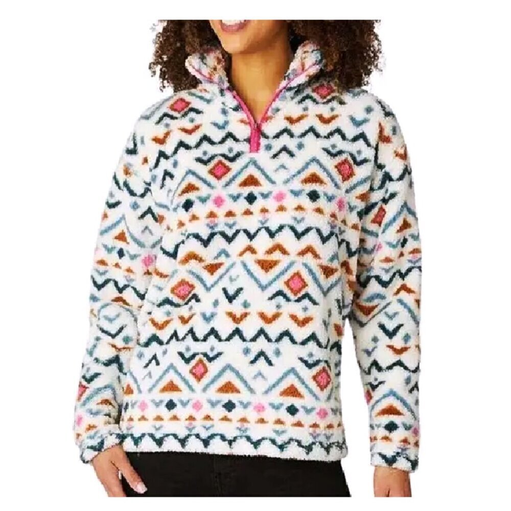 Eddie Bauer White Aztec Print‎ Teddy Plush Fleece Pullover Quarter Zip Up Jacket